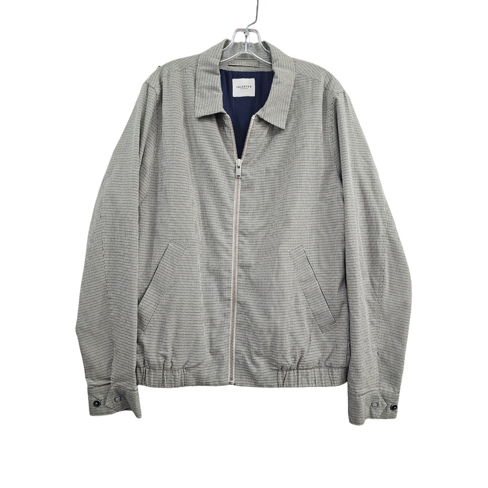 Selected Homme SLH CALEB Bomber Jacket Mens L Beige Houndstooth Full Zip Coat
